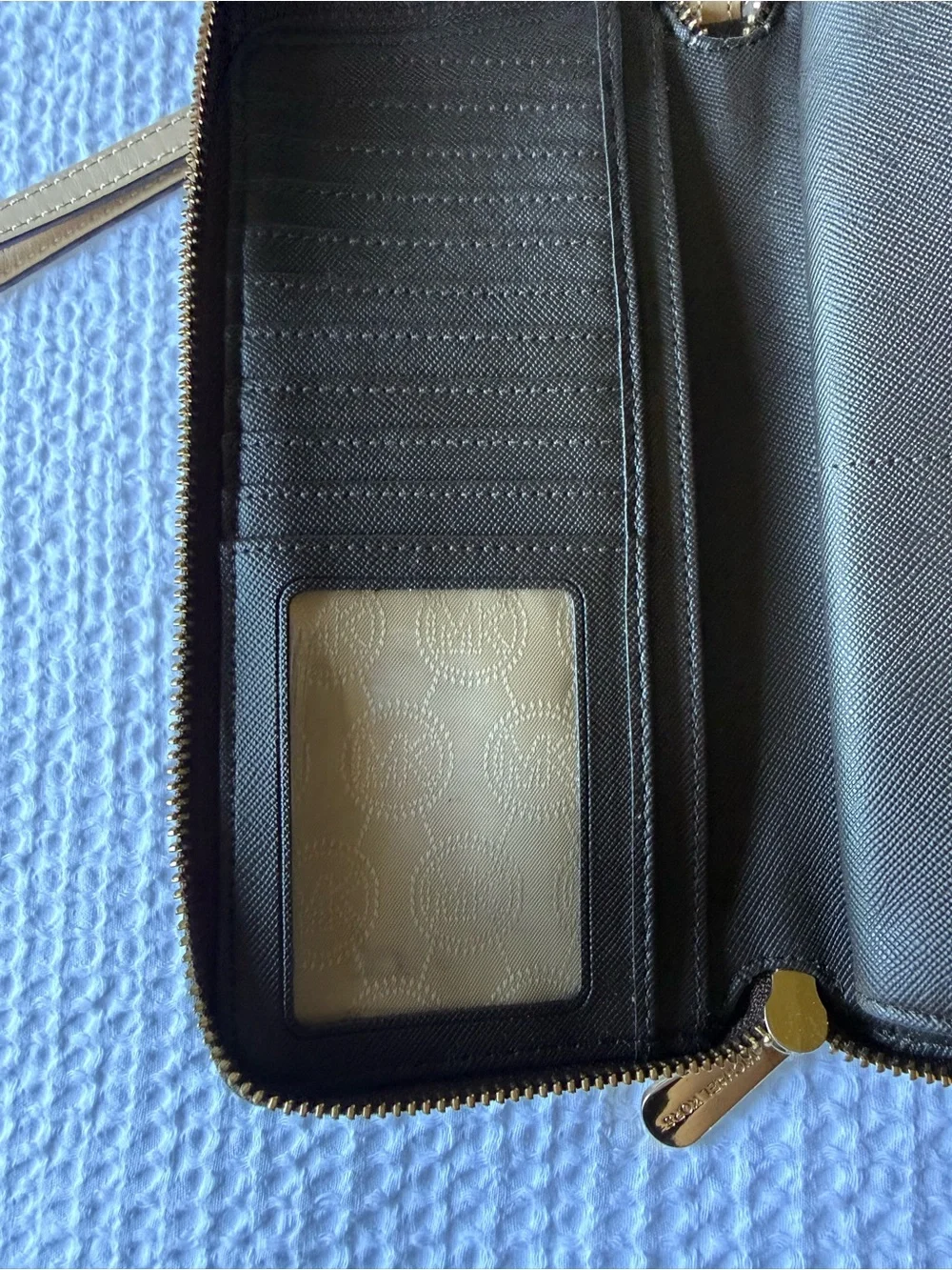 Michael Kors Black Pebble Leather Wristlet with Gold Plate and Taupe Strap